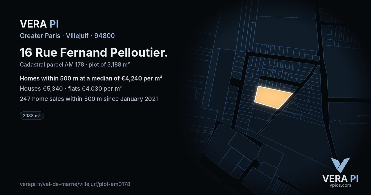 16 Rue Fernand Pelloutier, Villejuif at night – the plot lit, the parcels around coloured by the prices near them