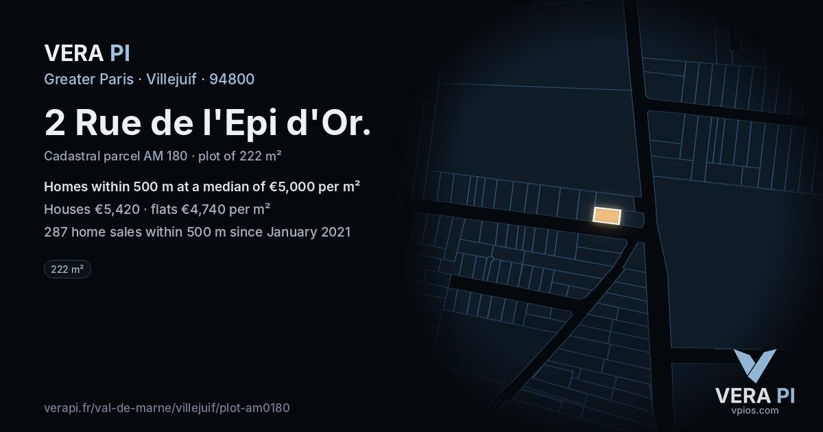 2 Rue de l'Epi d'Or, Villejuif at night – the plot lit, the parcels around coloured by the prices near them
