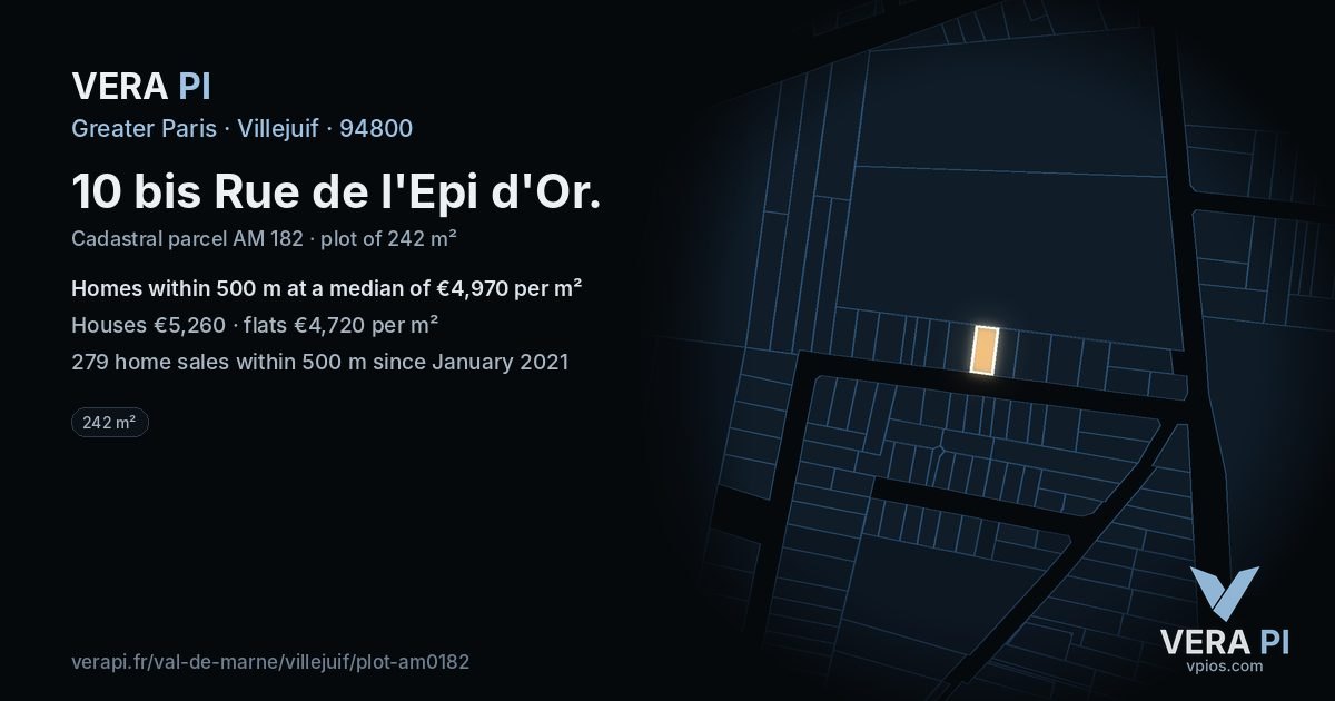 10 bis Rue de l'Epi d'Or, Villejuif at night – the plot lit, the parcels around coloured by the prices near them