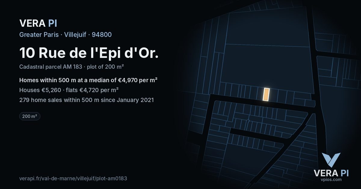 10 Rue de l'Epi d'Or, Villejuif at night – the plot lit, the parcels around coloured by the prices near them