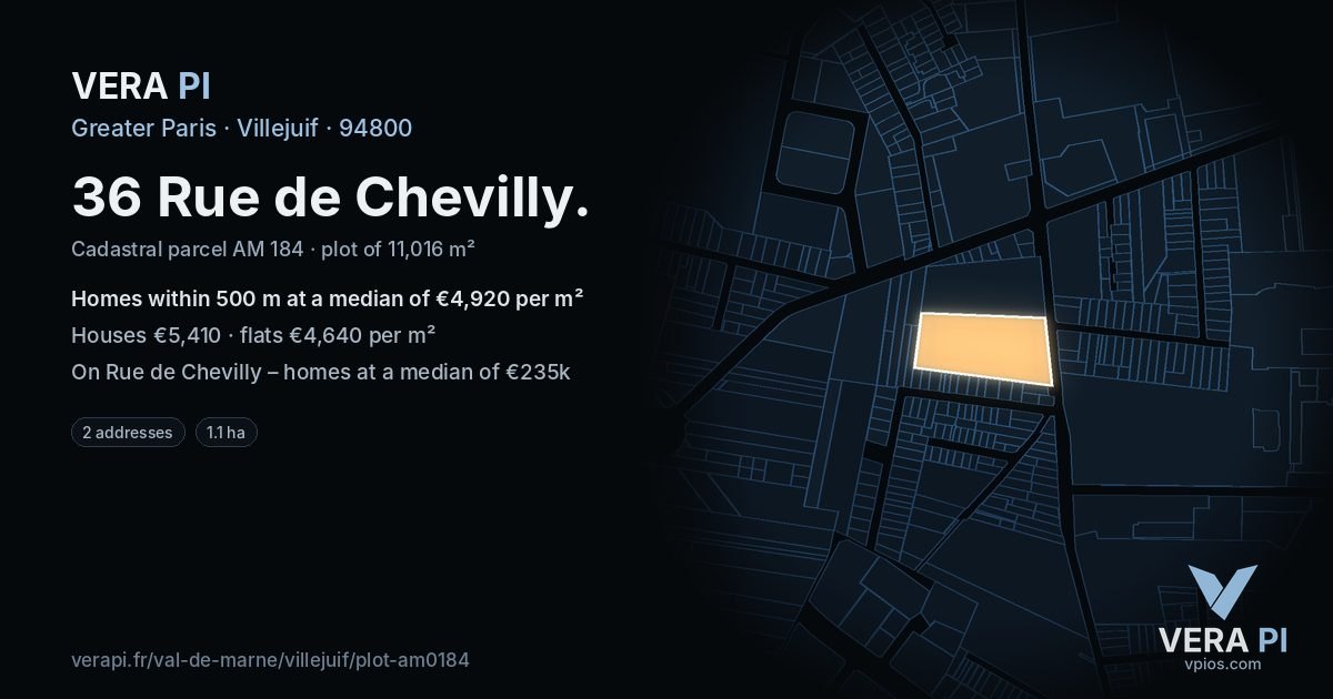36 Rue de Chevilly, Villejuif at night – the plot lit, the parcels around coloured by the prices near them