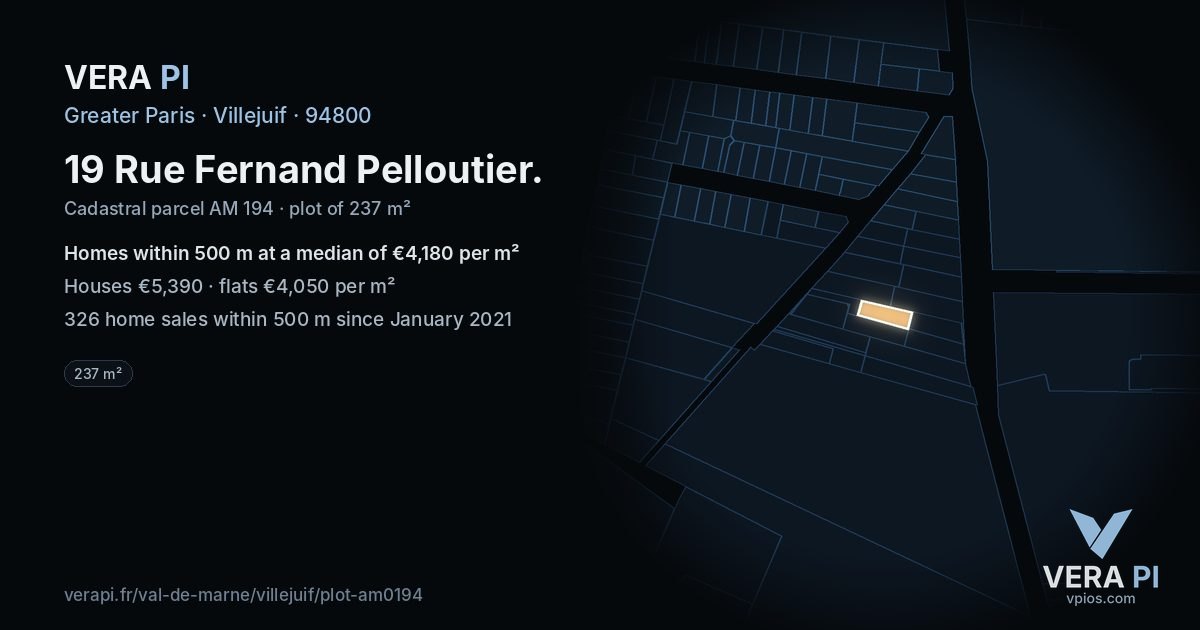 19 Rue Fernand Pelloutier, Villejuif at night – the plot lit, the parcels around coloured by the prices near them