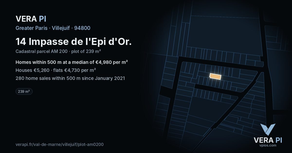 14 Impasse de l'Epi d'Or, Villejuif at night – the plot lit, the parcels around coloured by the prices near them