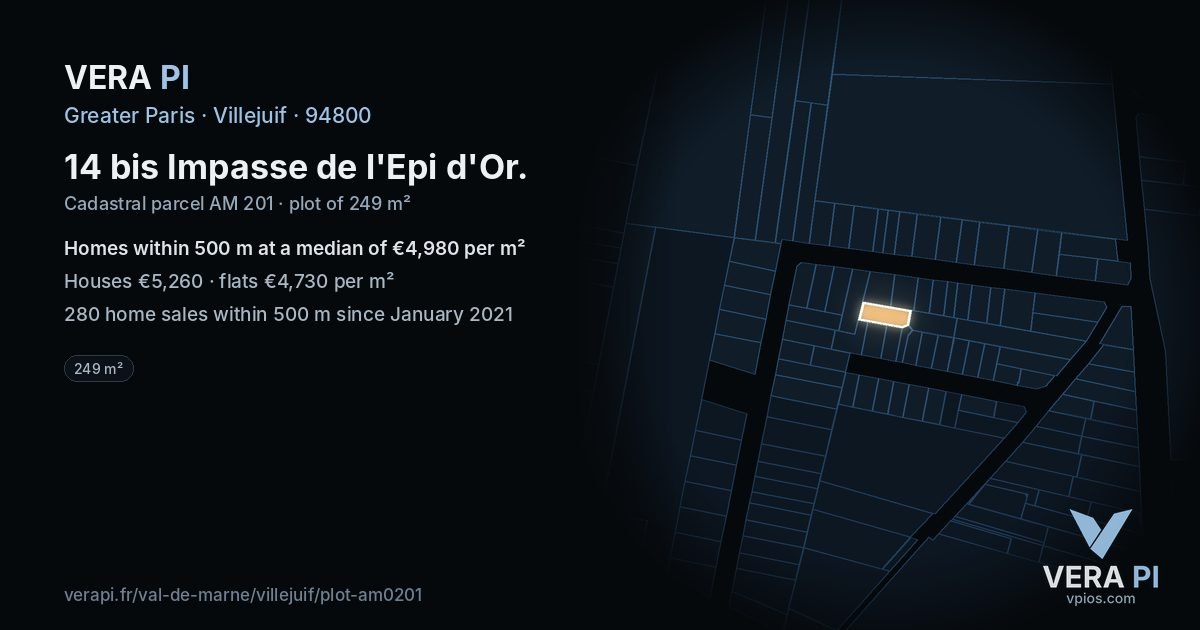 14 bis Impasse de l'Epi d'Or, Villejuif at night – the plot lit, the parcels around coloured by the prices near them