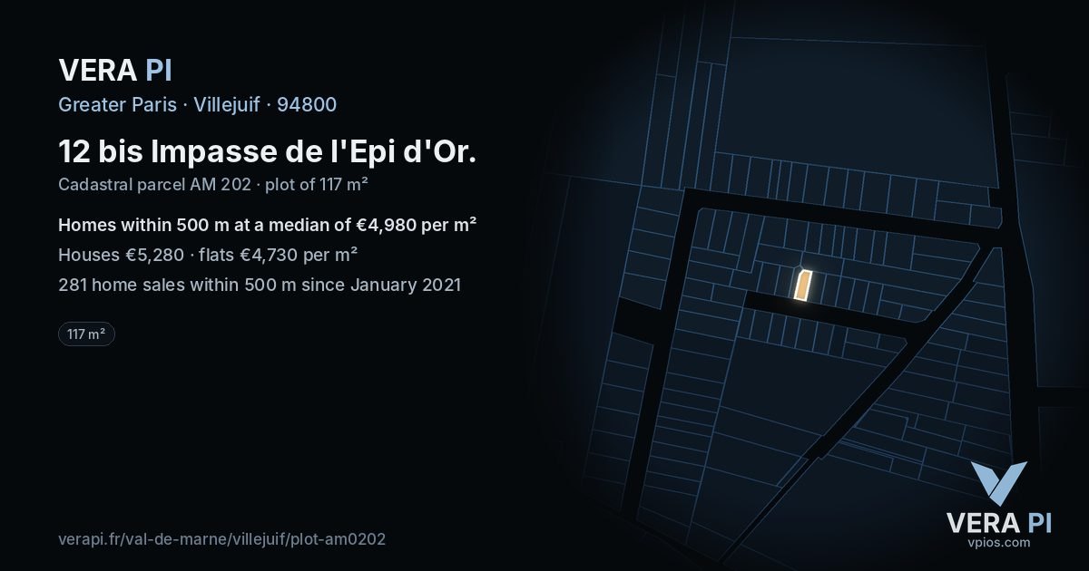 12 bis Impasse de l'Epi d'Or, Villejuif at night – the plot lit, the parcels around coloured by the prices near them