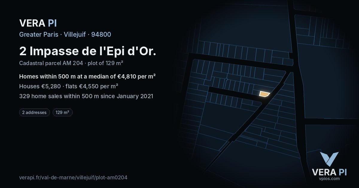 2 Impasse de l'Epi d'Or, Villejuif at night – the plot lit, the parcels around coloured by the prices near them