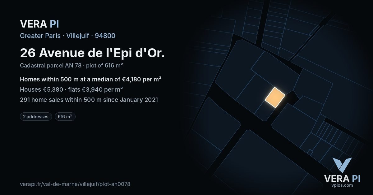 26 Avenue de l'Epi d'Or, Villejuif at night – the plot lit, the parcels around coloured by the prices near them