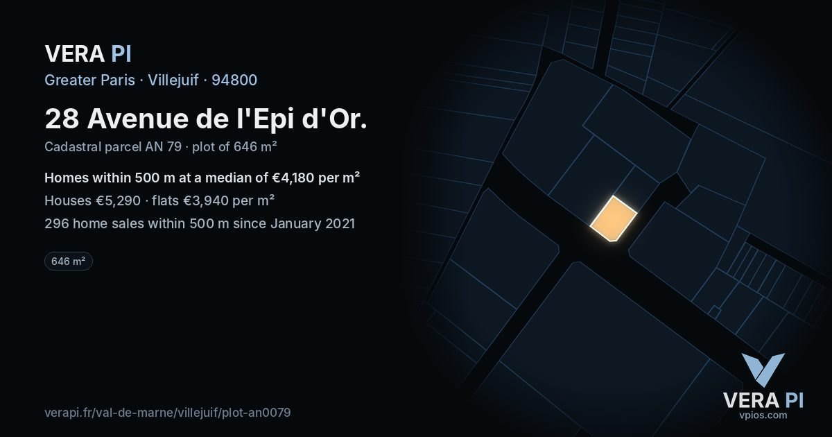 28 Avenue de l'Epi d'Or, Villejuif at night – the plot lit, the parcels around coloured by the prices near them