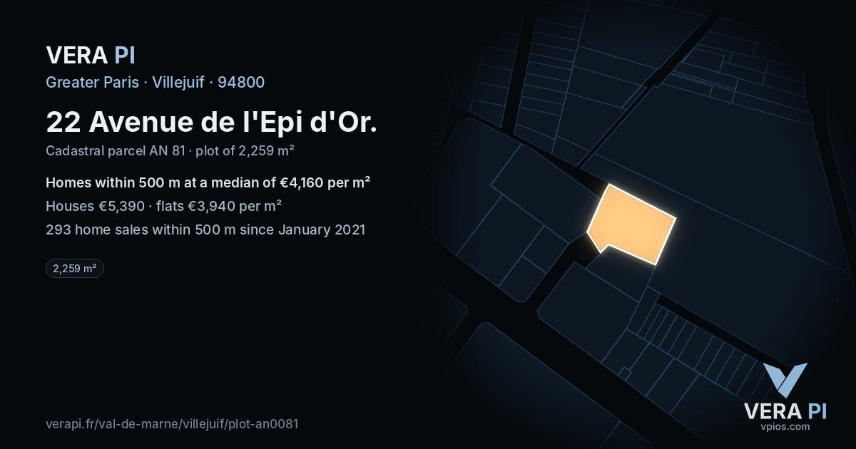 22 Avenue de l'Epi d'Or, Villejuif at night – the plot lit, the parcels around coloured by the prices near them