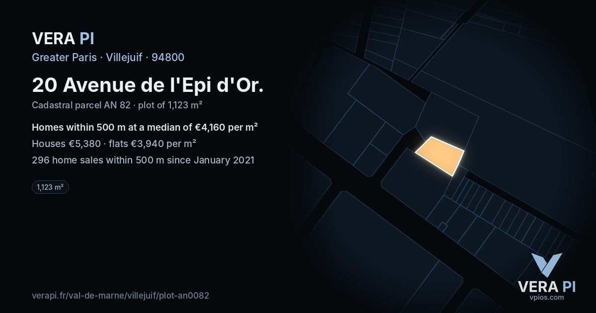 20 Avenue de l'Epi d'Or, Villejuif at night – the plot lit, the parcels around coloured by the prices near them