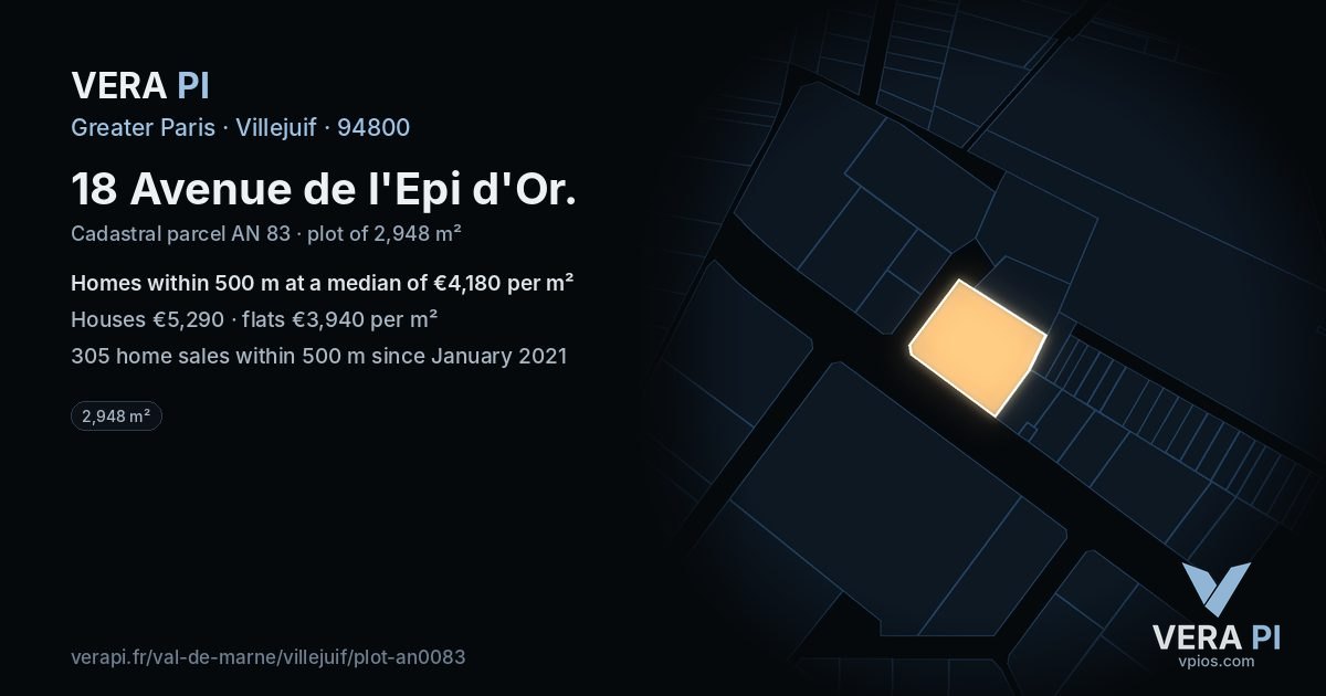 18 Avenue de l'Epi d'Or, Villejuif at night – the plot lit, the parcels around coloured by the prices near them