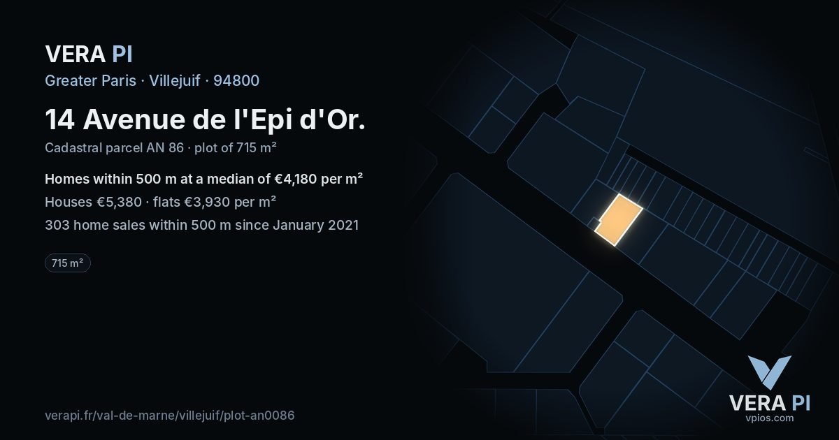 14 Avenue de l'Epi d'Or, Villejuif at night – the plot lit, the parcels around coloured by the prices near them