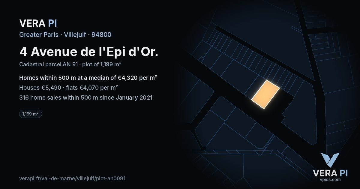 4 Avenue de l'Epi d'Or, Villejuif at night – the plot lit, the parcels around coloured by the prices near them