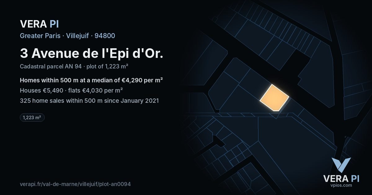 3 Avenue de l'Epi d'Or, Villejuif at night – the plot lit, the parcels around coloured by the prices near them