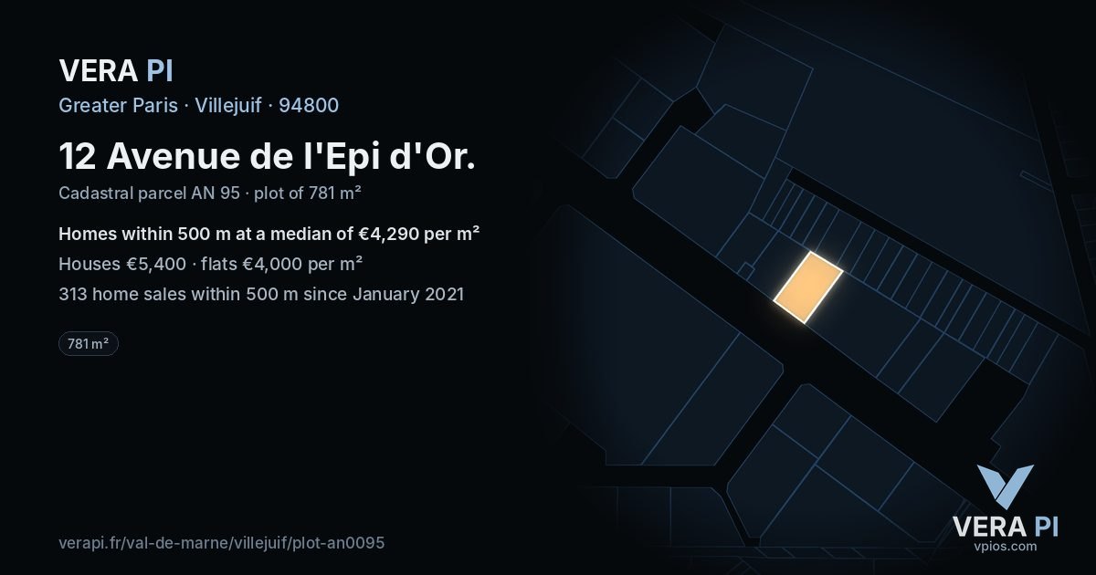 12 Avenue de l'Epi d'Or, Villejuif at night – the plot lit, the parcels around coloured by the prices near them