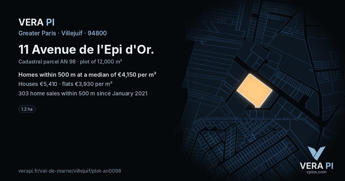 11 Avenue de l'Epi d'Or, Villejuif at night – the plot lit, the parcels around coloured by the prices near them