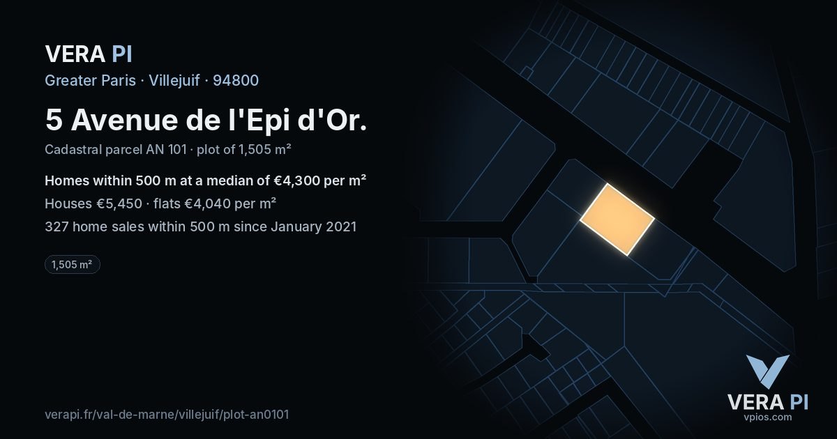 5 Avenue de l'Epi d'Or, Villejuif at night – the plot lit, the parcels around coloured by the prices near them