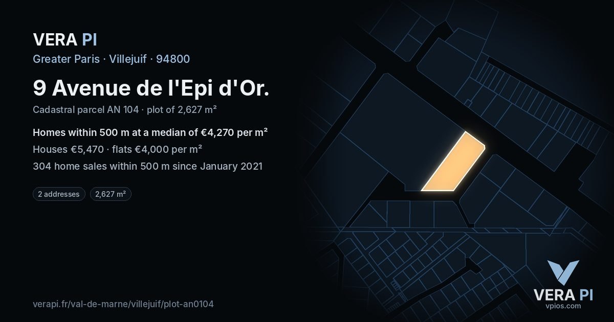 9 Avenue de l'Epi d'Or, Villejuif at night – the plot lit, the parcels around coloured by the prices near them