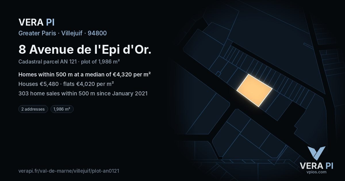 8 Avenue de l'Epi d'Or, Villejuif at night – the plot lit, the parcels around coloured by the prices near them