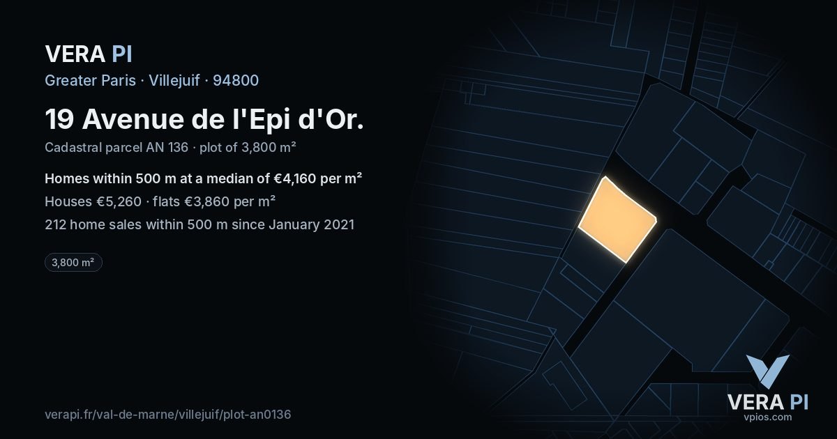 19 Avenue de l'Epi d'Or, Villejuif at night – the plot lit, the parcels around coloured by the prices near them