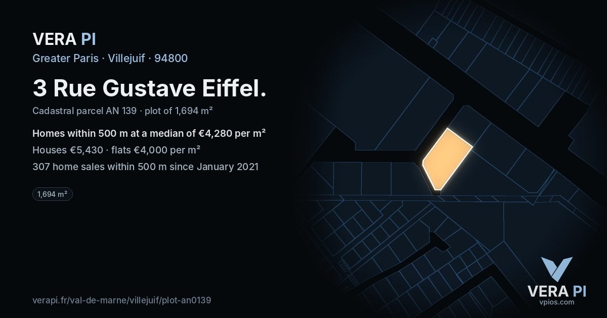 3 Rue Gustave Eiffel, Villejuif at night – the plot lit, the parcels around coloured by the prices near them