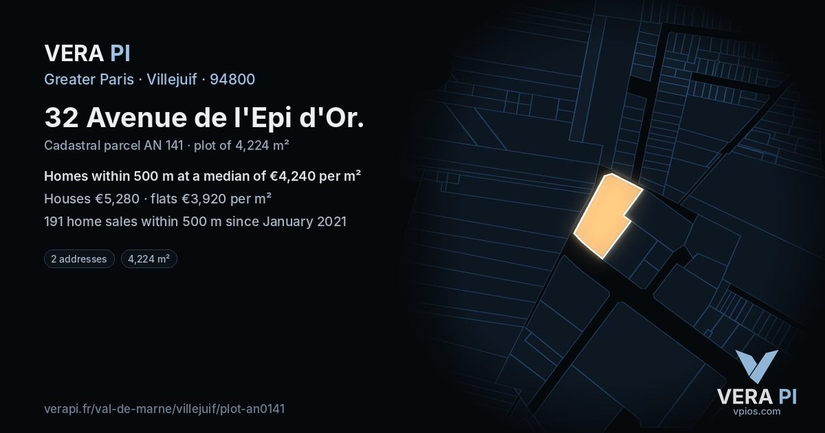 32 Avenue de l'Epi d'Or, Villejuif at night – the plot lit, the parcels around coloured by the prices near them