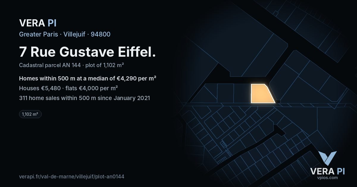 7 Rue Gustave Eiffel, Villejuif at night – the plot lit, the parcels around coloured by the prices near them