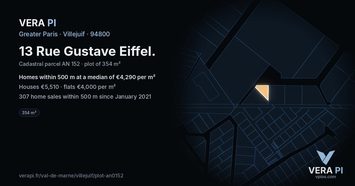 13 Rue Gustave Eiffel, Villejuif at night – the plot lit, the parcels around coloured by the prices near them