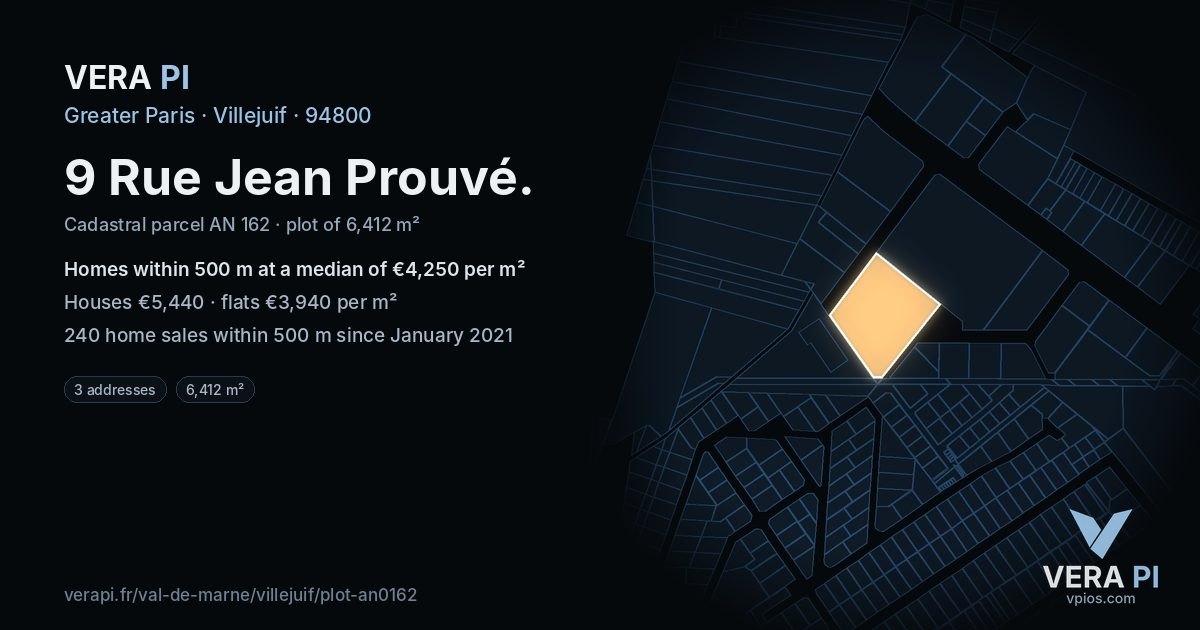 9 Rue Jean Prouvé, Villejuif at night – the plot lit, the parcels around coloured by the prices near them