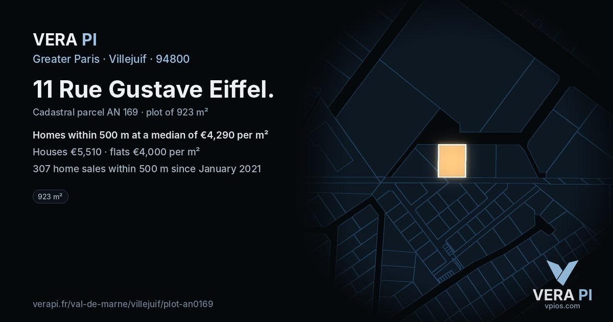 11 Rue Gustave Eiffel, Villejuif at night – the plot lit, the parcels around coloured by the prices near them