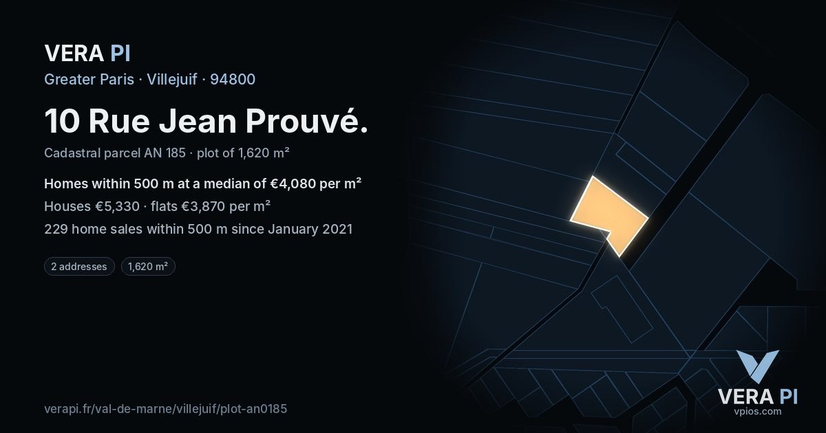 10 Rue Jean Prouvé, Villejuif at night – the plot lit, the parcels around coloured by the prices near them
