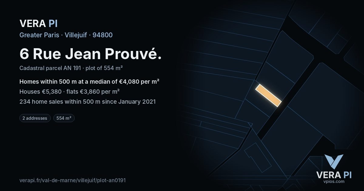 6 Rue Jean Prouvé, Villejuif at night – the plot lit, the parcels around coloured by the prices near them