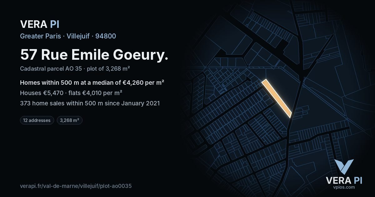 57 Rue Emile Goeury, Villejuif at night – the plot lit, the parcels around coloured by the prices near them