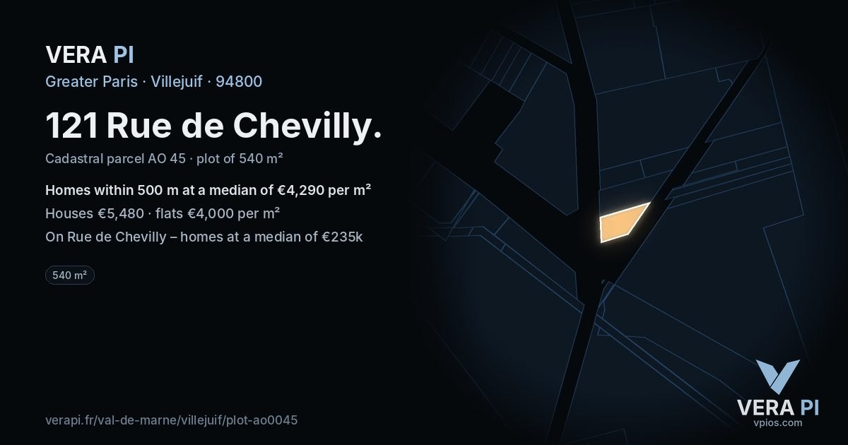 121 Rue de Chevilly, Villejuif at night – the plot lit, the parcels around coloured by the prices near them