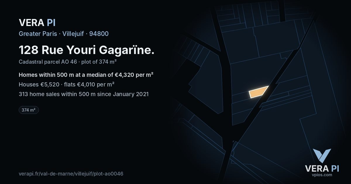 128 Rue Youri Gagarïne, Villejuif at night – the plot lit, the parcels around coloured by the prices near them