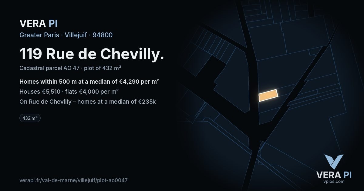 119 Rue de Chevilly, Villejuif at night – the plot lit, the parcels around coloured by the prices near them