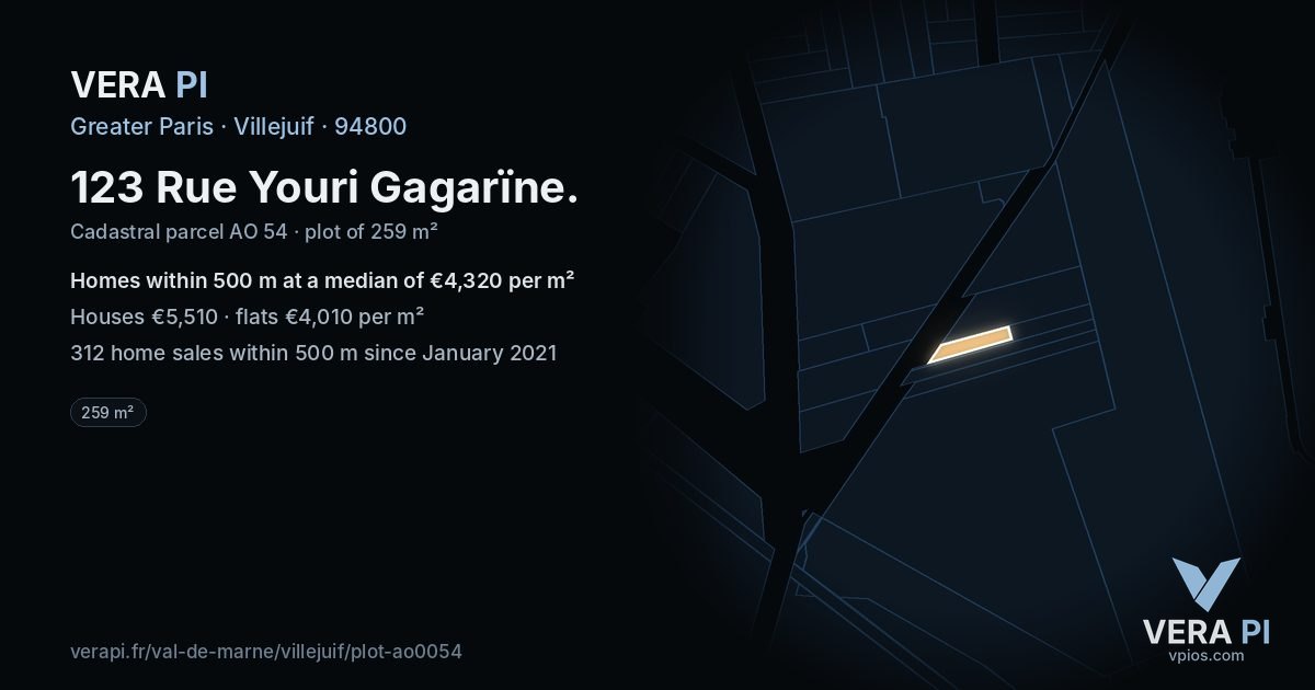 123 Rue Youri Gagarïne, Villejuif at night – the plot lit, the parcels around coloured by the prices near them
