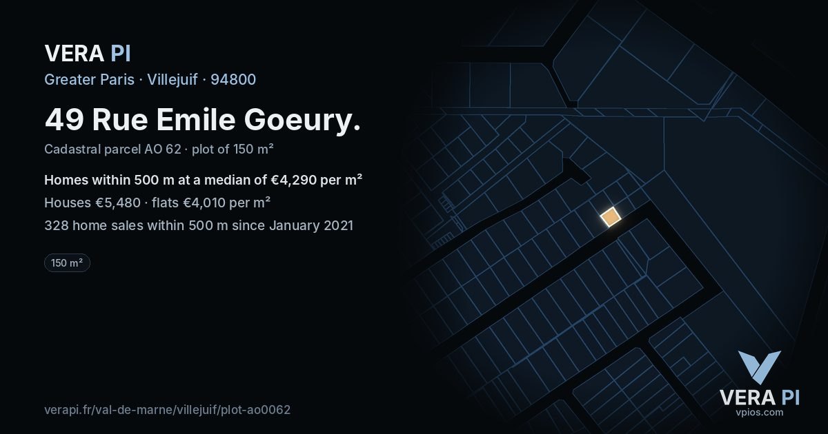 49 Rue Emile Goeury, Villejuif at night – the plot lit, the parcels around coloured by the prices near them