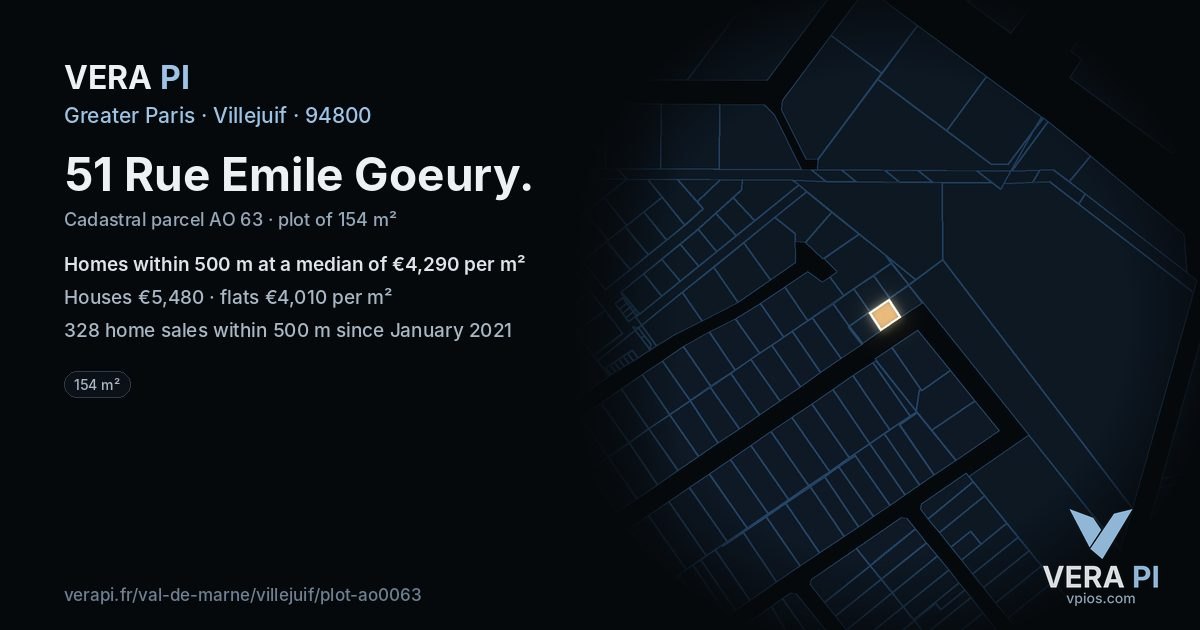 51 Rue Emile Goeury, Villejuif at night – the plot lit, the parcels around coloured by the prices near them