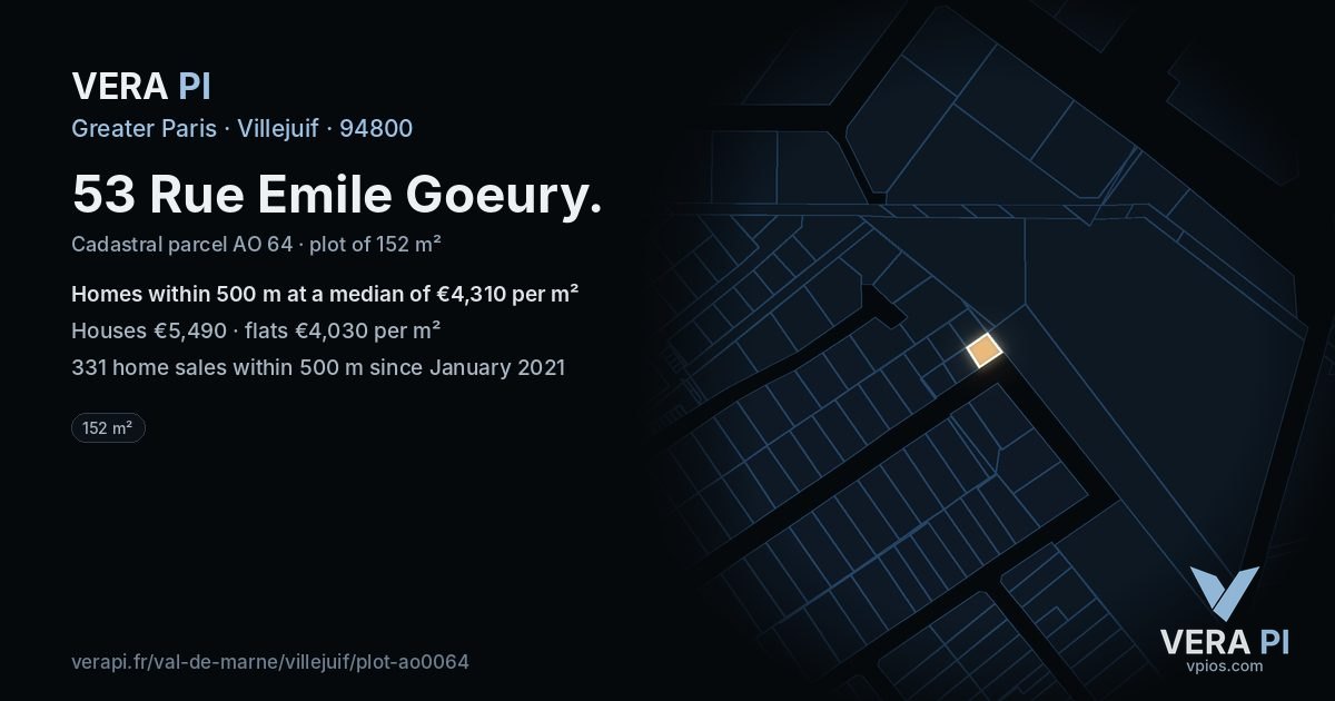 53 Rue Emile Goeury, Villejuif at night – the plot lit, the parcels around coloured by the prices near them