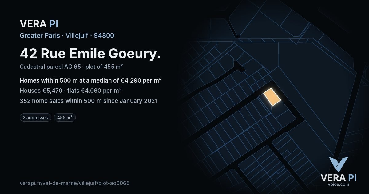 42 Rue Emile Goeury, Villejuif at night – the plot lit, the parcels around coloured by the prices near them