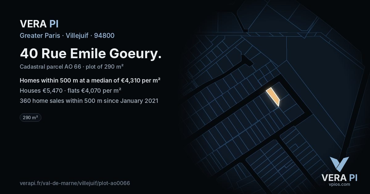 40 Rue Emile Goeury, Villejuif at night – the plot lit, the parcels around coloured by the prices near them