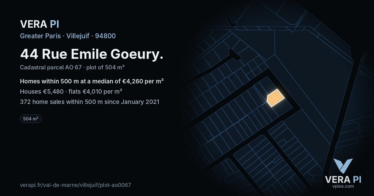 44 Rue Emile Goeury, Villejuif at night – the plot lit, the parcels around coloured by the prices near them