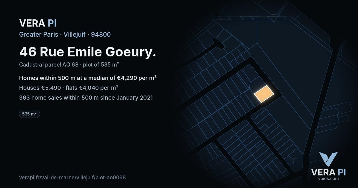 46 Rue Emile Goeury, Villejuif at night – the plot lit, the parcels around coloured by the prices near them