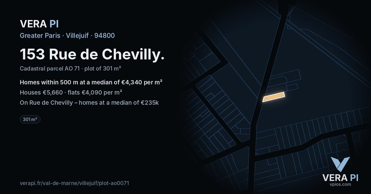 153 Rue de Chevilly, Villejuif at night – the plot lit, the parcels around coloured by the prices near them