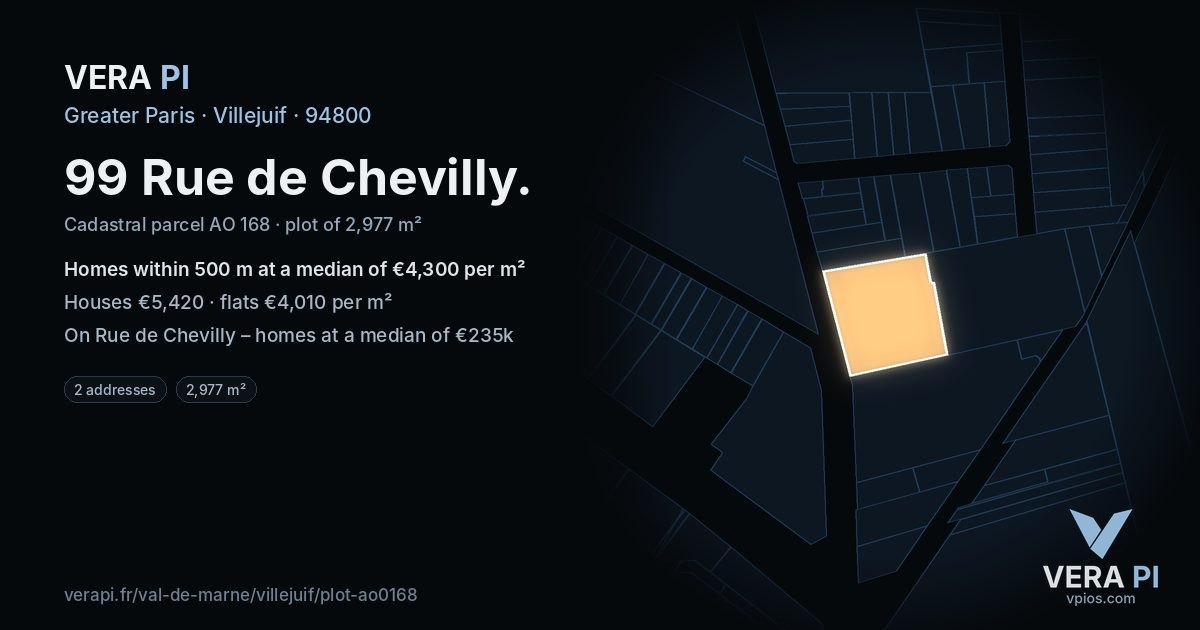 99 Rue de Chevilly, Villejuif at night – the plot lit, the parcels around coloured by the prices near them