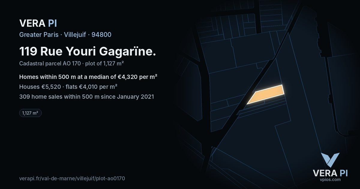 119 Rue Youri Gagarïne, Villejuif at night – the plot lit, the parcels around coloured by the prices near them