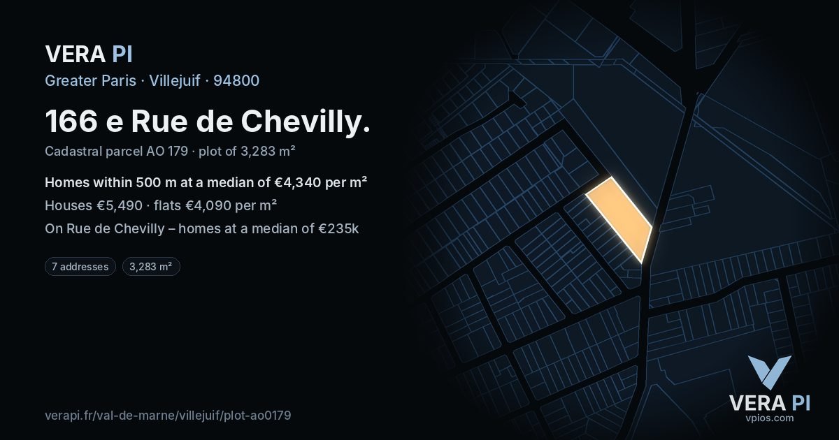 166 e Rue de Chevilly, Villejuif at night – the plot lit, the parcels around coloured by the prices near them