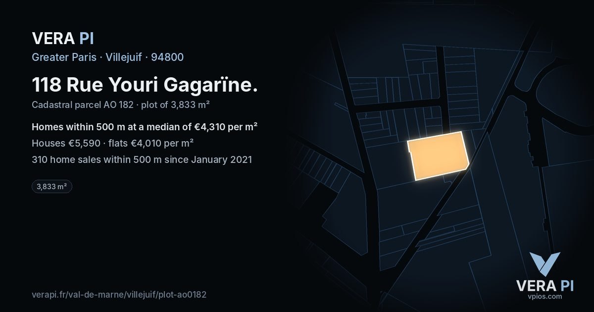118 Rue Youri Gagarïne, Villejuif at night – the plot lit, the parcels around coloured by the prices near them