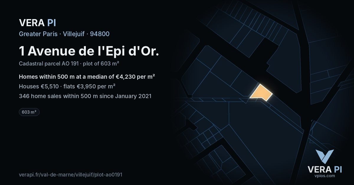 1 Avenue de l'Epi d'Or, Villejuif at night – the plot lit, the parcels around coloured by the prices near them